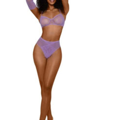 Lace Bralette Panty and Gloves Set - Os - Lilac