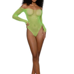 Rhinestone Off Shoulder Bodystocking - Os - Neon Lime