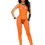 Crochet Footless Bodystocking With Open Crotch - One Size - Orange