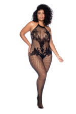 Vino Noir Floral Fishnet Bodystocking Plus - O-sx - Black
