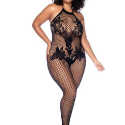 Vino Noir Floral Fishnet Bodystocking Plus - O-sx - Black