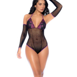 Whispered Lace Fishnet Bodysuit - Os - Black-purple
