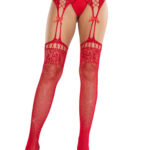 Red Rhinestone Lace Top Fishnet Stockings With - Gartner Belt - Os