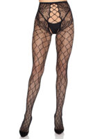 Faux Layer Net Tights With Crotchless Floral Panty - Os - Black
