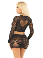 Black 2pc Rhinestone Lace and Net Crop Top with - Heart Keyhole Mini Skirt - Os - Image 2