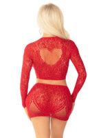 Red 2pc Rhinestone Lace and Net Crop Top with - Heart Keyhole Mini Skirt - Os - Image 2