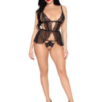 2 Pc Scalloped Lace and Mesh Babydoll and Matching Crotchless Panty - Small - Black