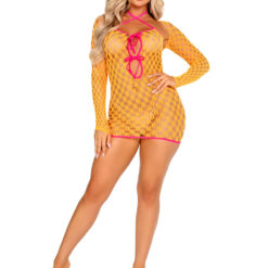 2 Pc Eyelet Net Mini Dress With Tie- Front Keyhole and Shrug O-s - Neon Orange