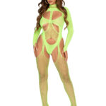 2 Pc Fishnet Suspender Lingerie Jumpsuit and Layered Opaque Teddy O-s - Neon Green