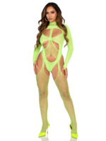 2 Pc Fishnet Suspender Lingerie Jumpsuit and Layered Opaque Teddy O-s - Neon Green