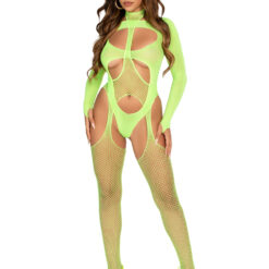 2 Pc Fishnet Suspender Lingerie Jumpsuit and Layered Opaque Teddy O-s - Neon Green
