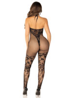 Black Seamless Net and Lace Lingerie Jumpsuit - With Keyhole Crossover Halter - Os - Image 2