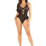 Black Floral Lace Halter Bodysuit with Mini Bow - and Flutter Accent - Os