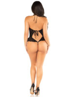 Black Floral Lace Halter Bodysuit with Mini Bow - and Flutter Accent - Os - Image 2