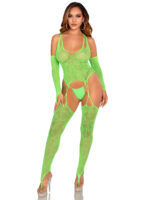 2 Pc Lace Halter Footless Cami Garter With Attached Toe Loop Stockings O-s - Neon Green