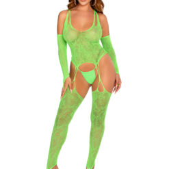 2 Pc Lace Halter Footless Cami Garter With Attached Toe Loop Stockings O-s - Neon Green
