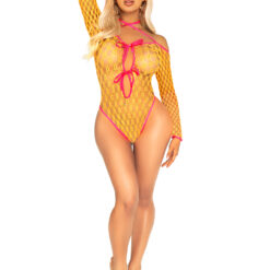 Eyelet Net Teddy With Tie-Front Keyhole Detail O-s - Neon Orange