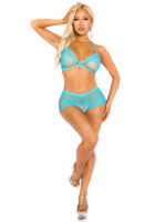 2 Pc Lace Bra Top and Keyhole Back Boyshorts O-s - Turquoise