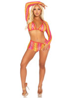 3 Pc Zig Zag Net Bikini Top, Boyshorts and Shrug O-s - Multicolor