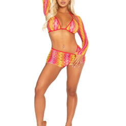 3 Pc Zig Zag Net Bikini Top, Boyshorts and Shrug O-s - Multicolor