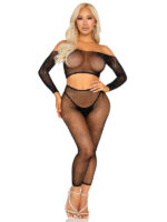 Rhinestone Fishnet Crop Top and Footless Tights O-s - Black