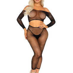 Rhinestone Fishnet Crop Top and Footless Tights O-s - Black