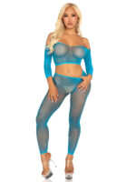Rhinestone Fishnet Crop Top and Footless Tights O-s - Neon Blue