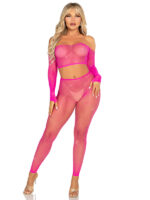 Rhinestone Fishnet Crop Top and Footless Tights O-s - Neon Pink