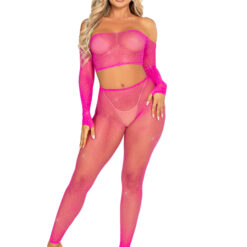 Rhinestone Fishnet Crop Top and Footless Tights O-s - Neon Pink