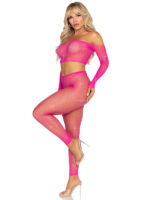Rhinestone Fishnet Crop Top and Footless Tights O-s - Neon Pink - Image 2