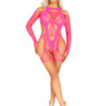2 Pc Fishnet Garter Harness and Opaque Cut-Out Teddy O-s - Neon Pink