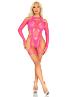 2 Pc Fishnet Garter Harness and Opaque Cut-Out Teddy O-s - Neon Pink