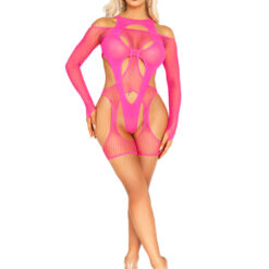 2 Pc Fishnet Garter Harness and Opaque Cut-Out Teddy O-s - Neon Pink