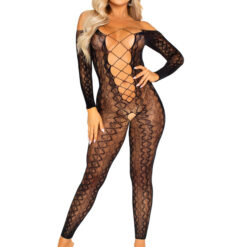 Python Net Crotchless Footless Lingerie Jumpsuit O-s - Black