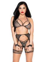 4pc All Tied Up Shimmer Bra and Panty Set - Os - Black-silver