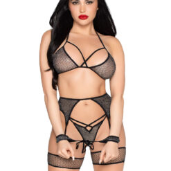 4pc All Tied Up Shimmer Bra and Panty Set - Os - Black-silver