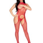 2 Pc Circle Net Cupless Suspender Lingerie Jumpsuit and Matching Panty - Os - Red
