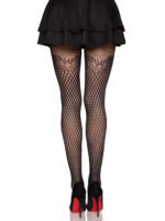 Gilded Grid Net Tights With Bow Lace Top - Os - Black - Image 2