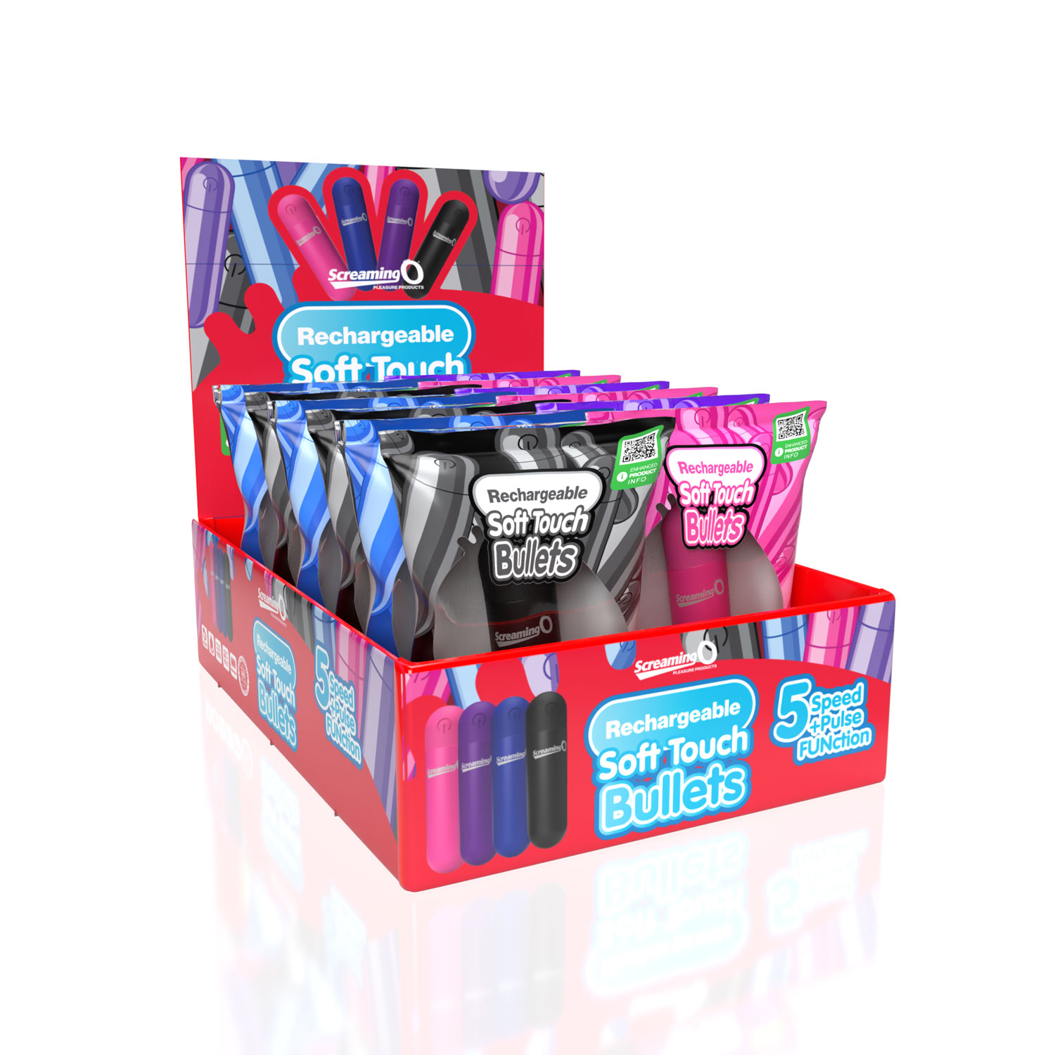 HOSO-ARBS-AST.jpg Screaming O Soft Touch Rechargeable Bullets - 12 Count Pop Display Box - Image 1