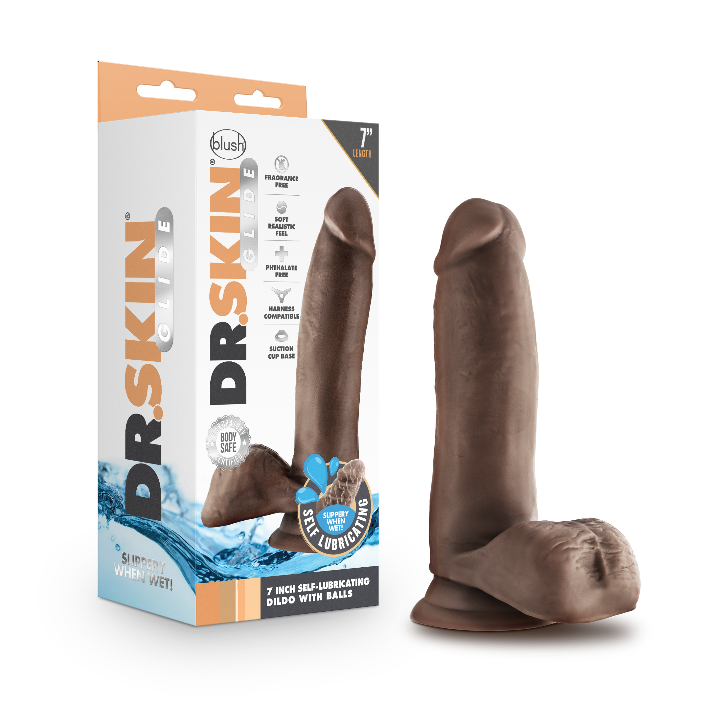 HOBL-36426.png Dr. Skin Glide - 7 Inch Self Lubricating Dildo With Balls - Chocolate - Image 1