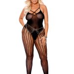 Opaque and Crochet Vertical Striped Footless Bodystocking - Queen Size - Black
