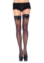 Sheer Lace Top Thigh Highs With Satin Bow Accent - One Size - Black - Image 2