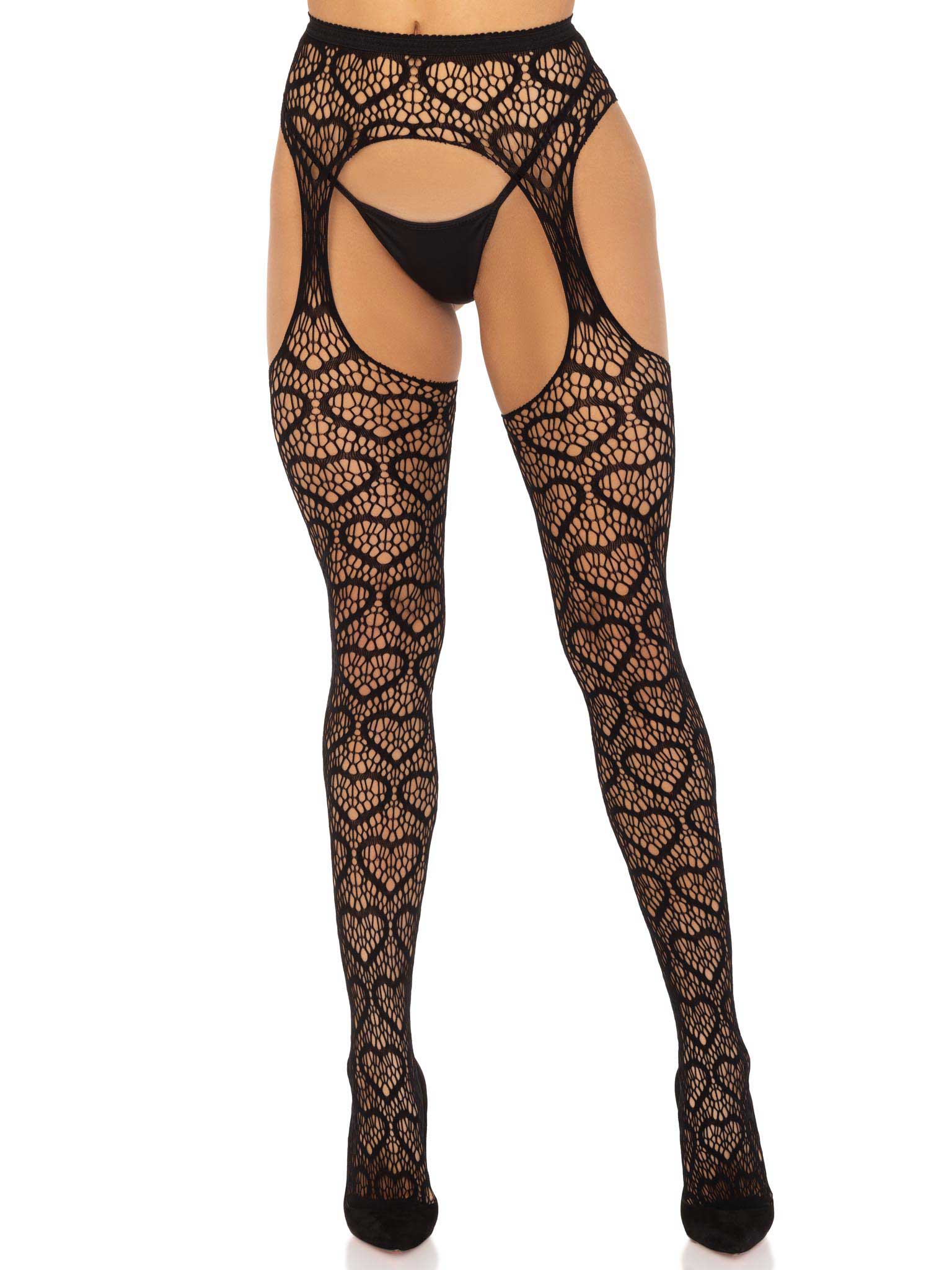 HOLA-1958BLKOS.jpg Heart Net Suspender Pantyhose - One Size - Black - Image 1