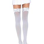 Opaque Thigh Highs With Satin Bow Accent - One Size - White