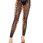 Footless Leopard Lace Crotchless Tights - Black