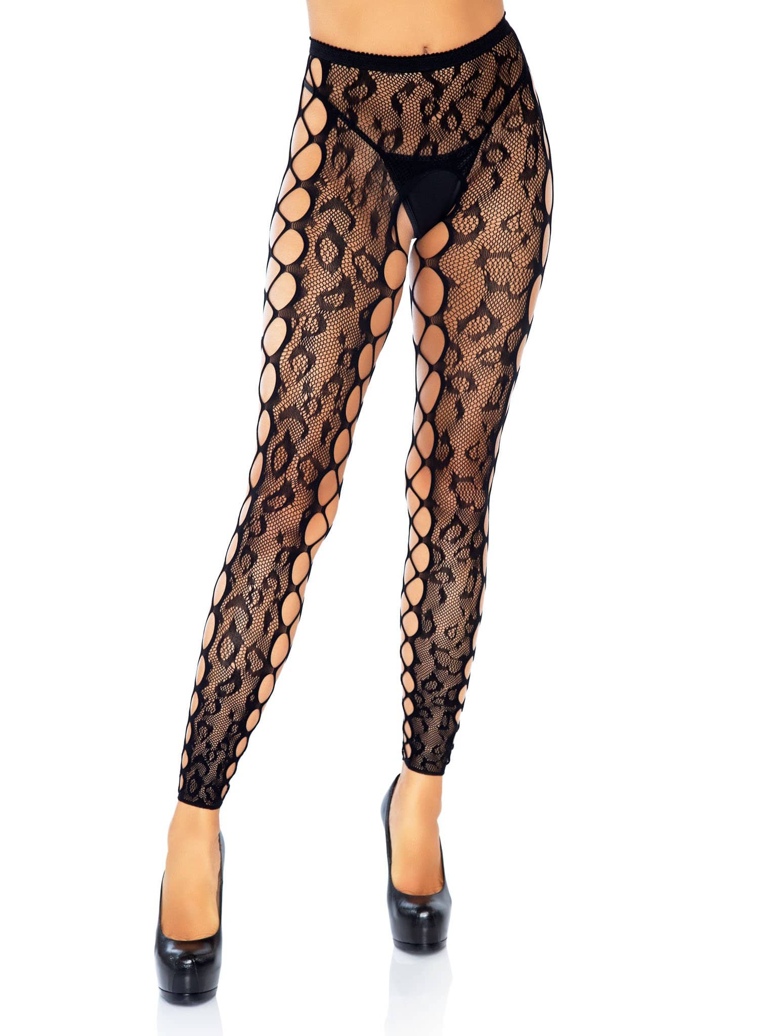 HOLA-7812BLK.jpg Footless Leopard Lace Crotchless Tights - Black - Image 1