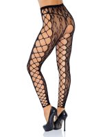 Footless Leopard Lace Crotchless Tights - Black - Image 3