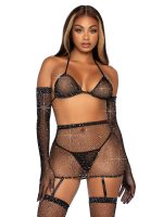 5 Pc Rhinestone Bikini Top G-String Garter Skirt, Gloves and Stockings - One Size - Black - Image 2