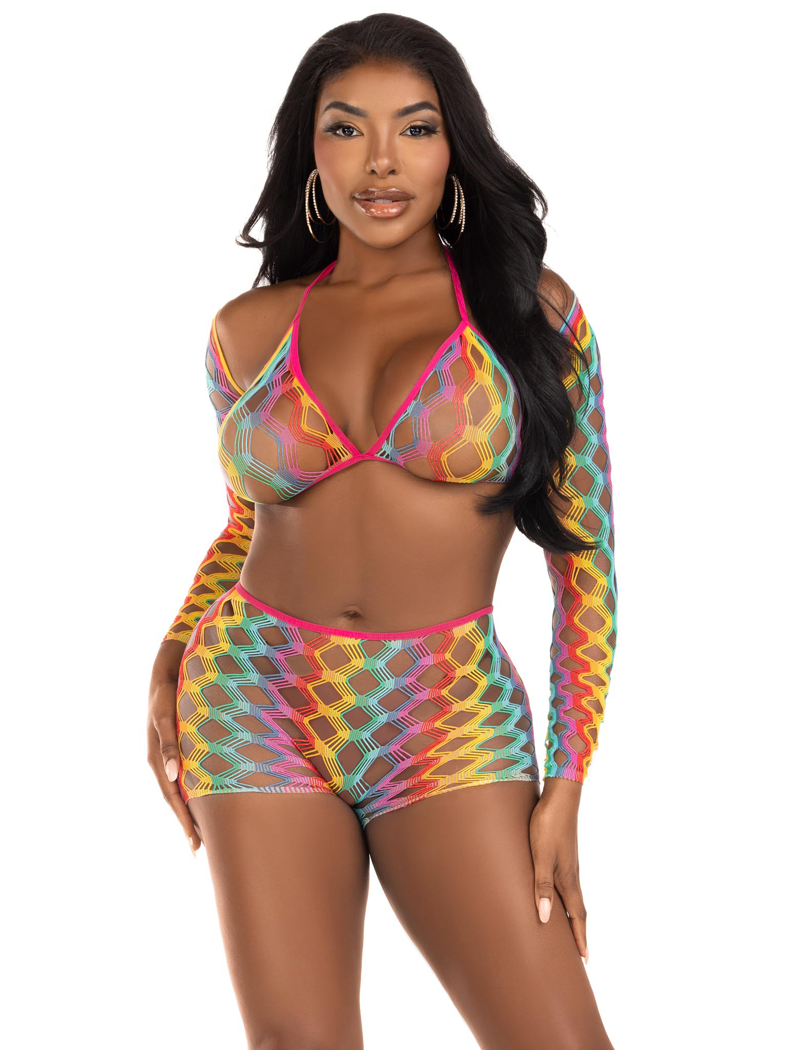 HOLA-81661MULOS.jpg 3 Pc Net Bra Top With Shrug and Boy Shorts - One Size - Multicolor - Image 1