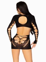Seamless Cut Out Long Sleeve Mini Dress With Faux Lace Up Detail - One Size - Black - Image 2